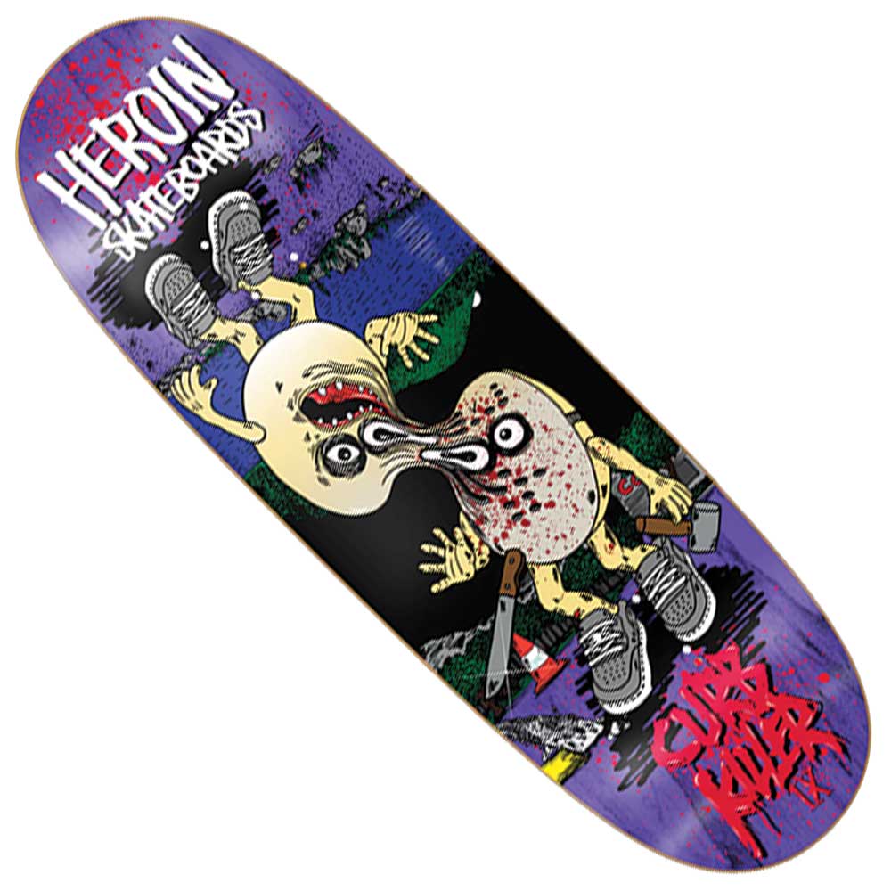 Introducing the Curb Killer Merged 10 Heroin Skateboards Deck Shaped, featuring a surreal cartoon character’s distorted face clutching knives against a vivid purple backdrop. Bold graffiti-style “Heroin Skateboards” and “Curb Killer” lettering make this deck a standout statement for any skateboard collection.