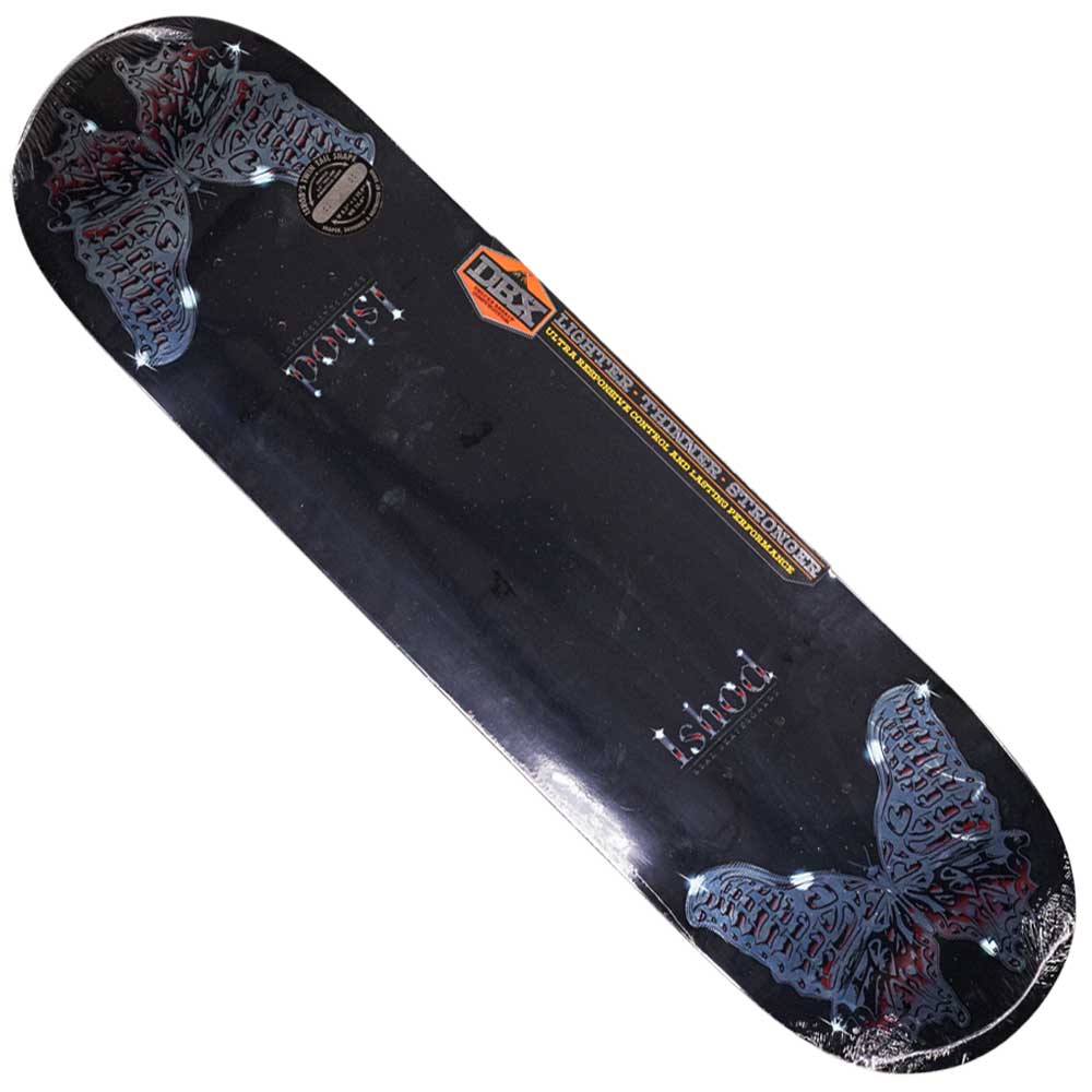 The DBX Mariposa Redux Ishod Black 8.3 Twin Tail Real Skateboard Deck features a striking design with two detailed butterflies, “Ishod” text near one butterfly, and small logos accenting the deck’s unique look.