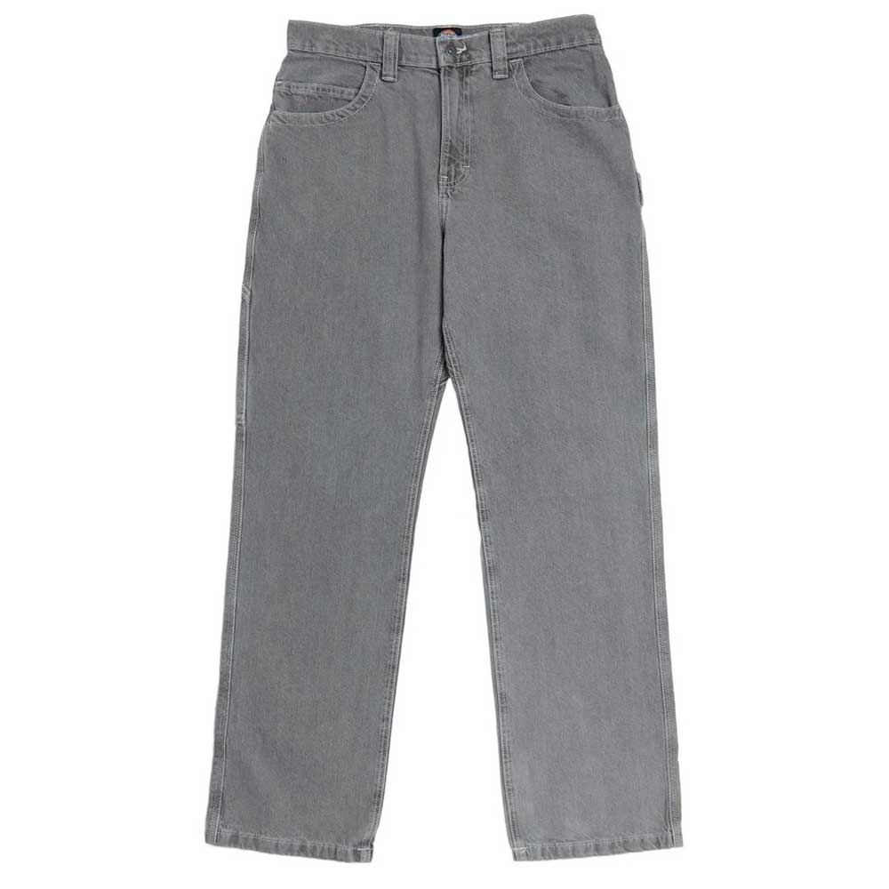 DDSK68 Loose Fit Denim Pant Carpenter Gray Dickies Skateboarding jeans feature a relaxed straight-leg fit, button and zip fly, front and back pockets, and belt loops, displayed flat on a white background.