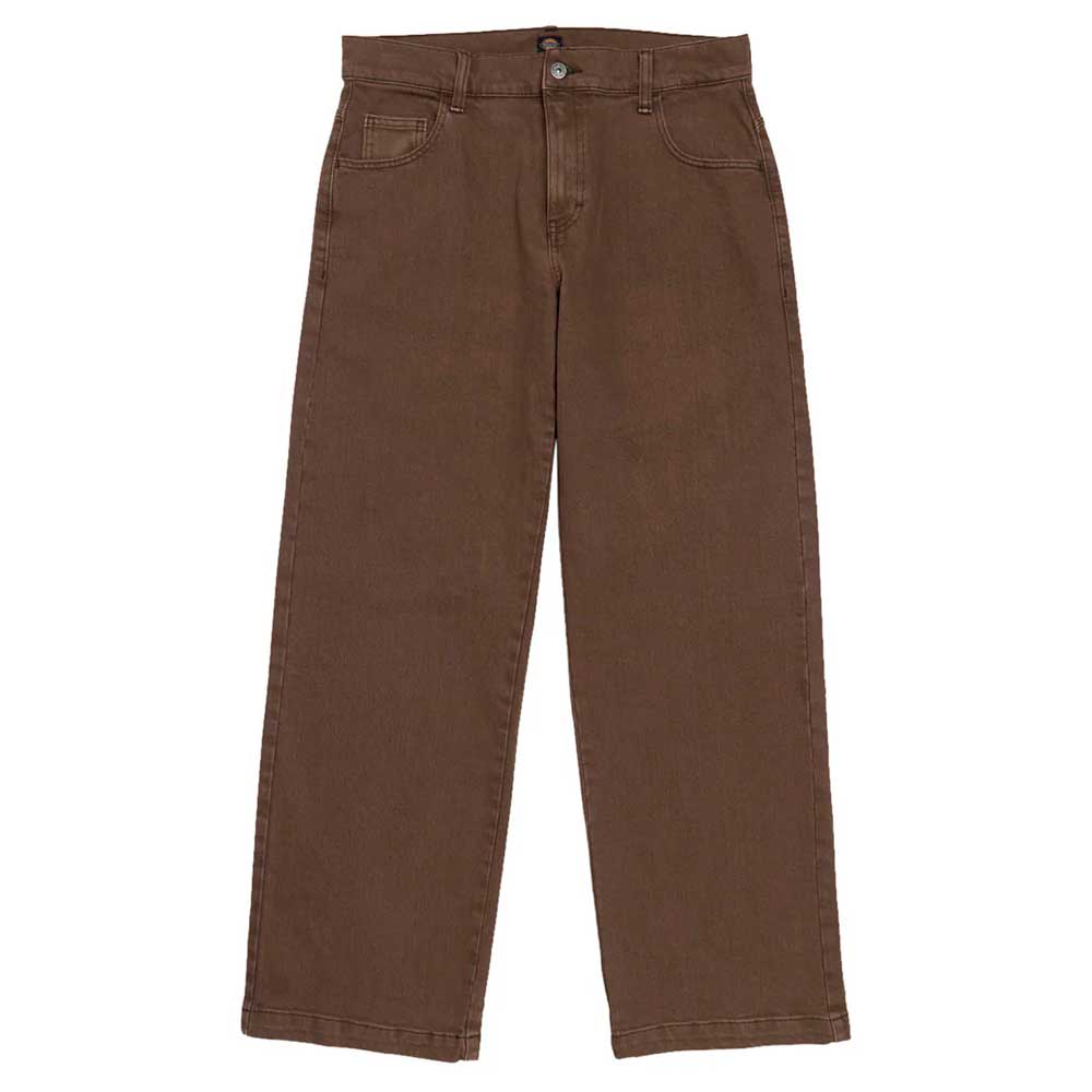 A DDSK68J84 Loose Fit Denim Pant Wingville Brown Tint Wash from Dickies Skateboarding, featuring front and back pockets with button and zipper closure, is laid flat on a white background.