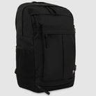 The A8675BLK Black Mike Anderson Pro Skate Dickies Skateboard Strap Backpack features multiple zippered compartments, a front pocket, side mesh pocket, subtle logo, and skate straps, shown on a light gray background.