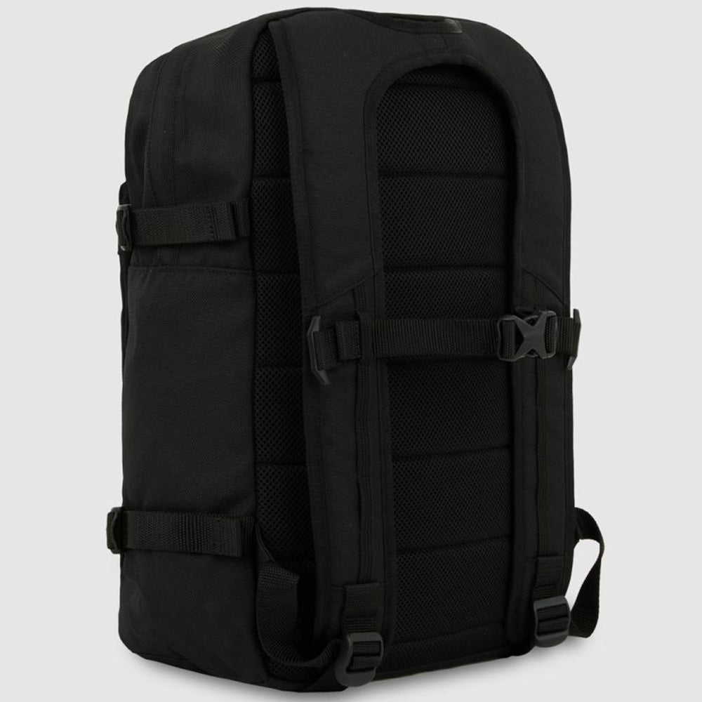 The A8675BLK Black Mike Anderson Pro Skate Dickies Skateboard Strap Backpack is shown from the back, featuring padded shoulder straps, a chest buckle, adjustable side straps, skate straps, and a cushioned back panel.