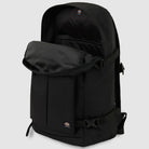 The A8675BLK Black Mike Anderson Pro Skate Dickies Skateboard Strap Backpack features a front pocket, skate straps on the sides, a small logo patch on the lower front, and a partially unzipped main compartment. Background is light gray.