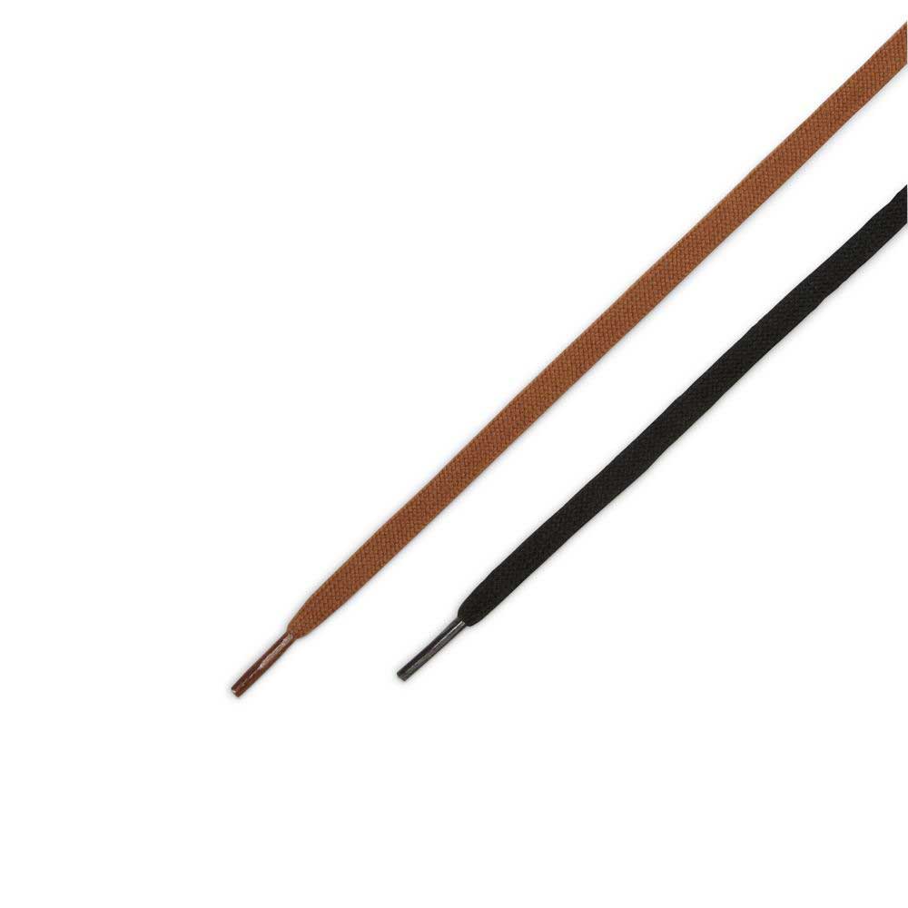 Two flat shoelaces, one brown and one black, are laid out parallel on a white background—ideal replacements for your DV1226200 GT Dark Red Brown Blazer Low Nike SB Suede Skateboarding Shoes.