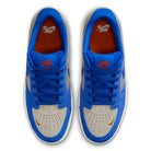 Top view of DV5477-011 College Grey Racer Blue Light Orewood Force 58 Nike SB suede skateboarding shoes, featuring blue suede overlays, white leather toes, orange Nike logos, and blue laces—fusing classic basketball style with a modern skate cupsole.