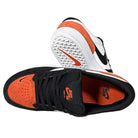 The DV5477-100 Black Cosmic Clay White Force 58 Nike SB Suede Skateboarding Shoes feature orange suede toe boxes, black laces and accents, white side panels, a black Swoosh, cupsole design, white tread, and an orange Nike logo.