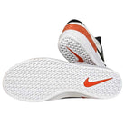 The DV5477100 Black Cosmic Clay White Force 58 Nike SB suede skateboarding shoes are shown: one upright and one on its side, with white textured soles, an orange Nike swoosh on the bottom, and an orange accent on the heel.