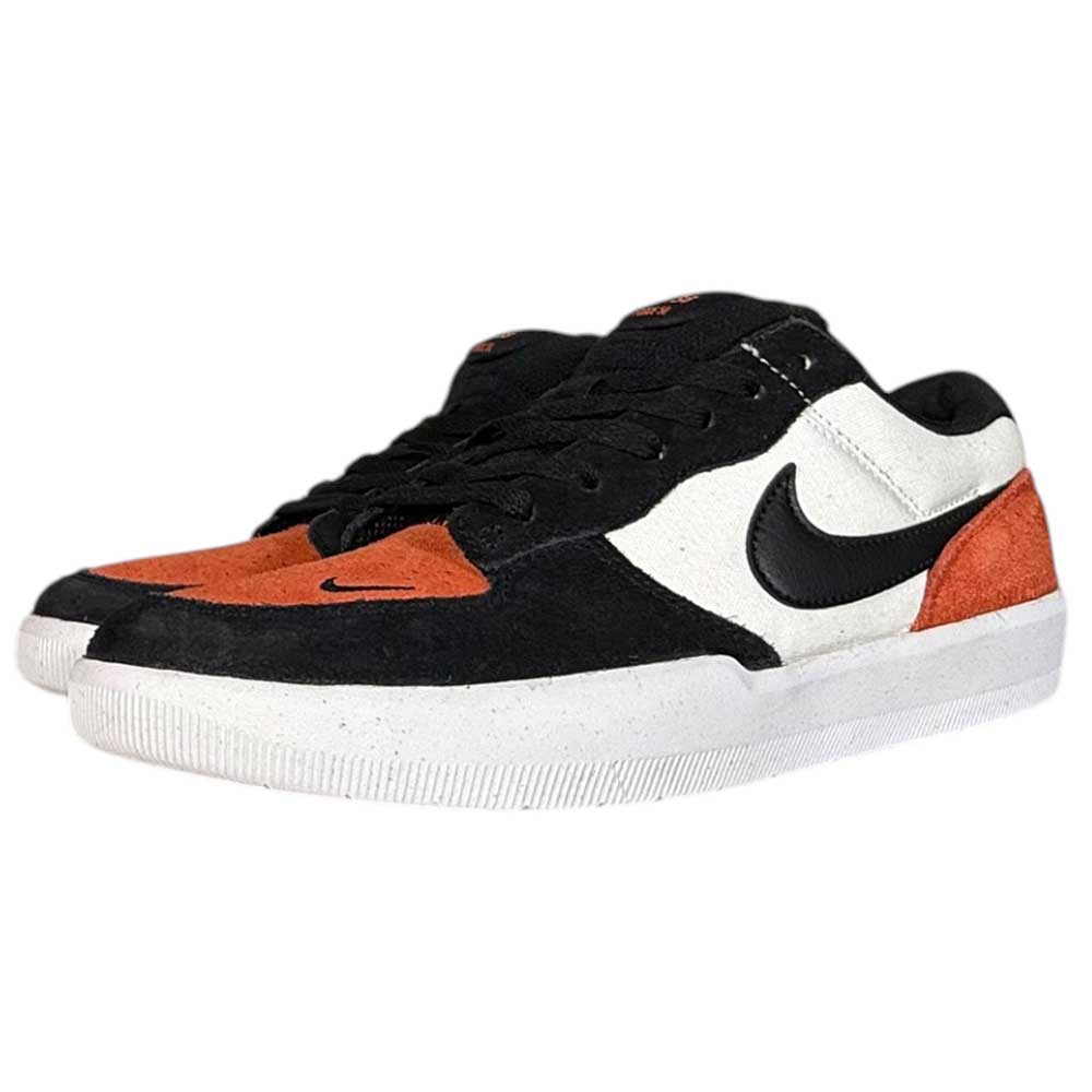 The DV5477-100 Nike SB Force 58 skateboarding shoes feature black laces, a black swoosh, and a color-blocked design in black, white, and Cosmic Clay orange suede on a durable white cupsole.