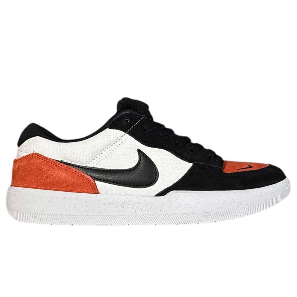 The DV5477100 Black Cosmic Clay White Force 58 Nike SB Suede Skateboarding Shoes feature a black sole, black laces, black swoosh, orange suede toe and heel accents, black toe cap, and white side panels—ideal for Nike SB fans.