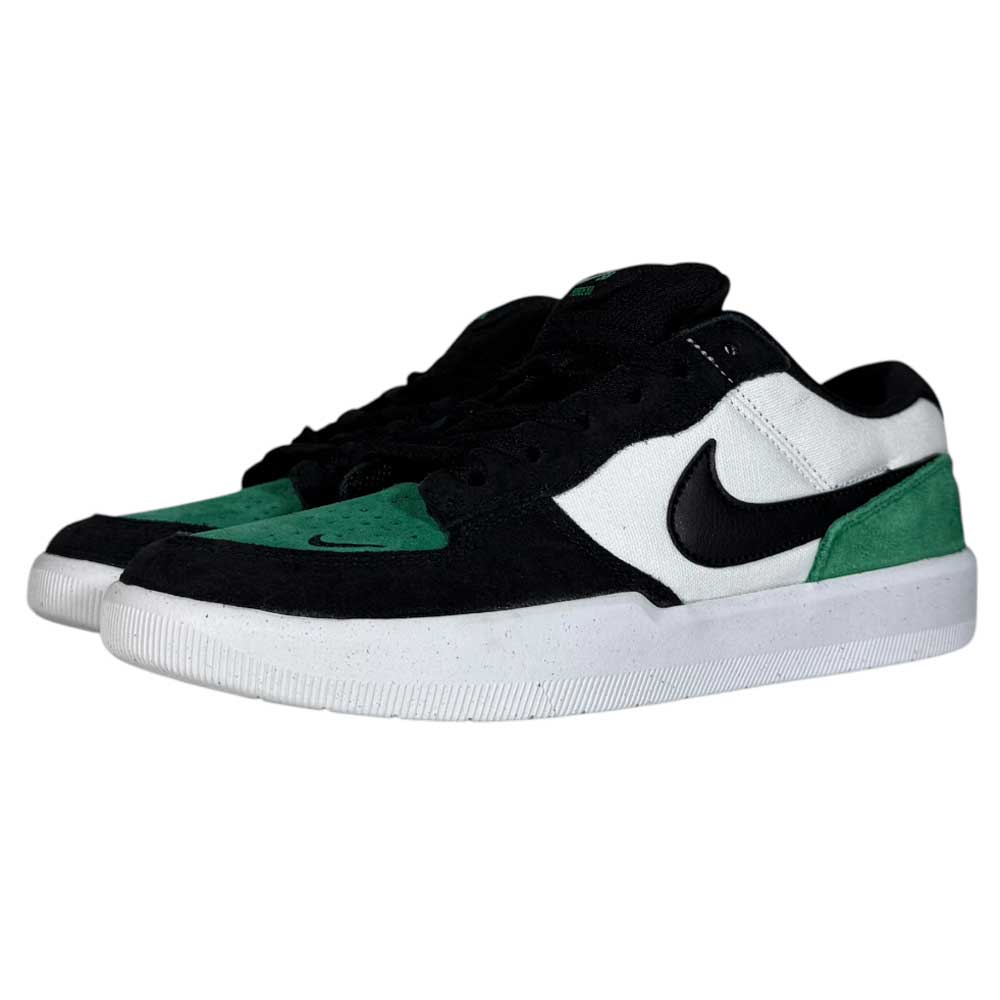 Nike SB Force 58 DV5477-101 suede skateboarding shoes in white, black, and stadium green feature a black Swoosh logo, durable cupsole construction, and white soles—perfect low-top sneakers for style and performance.