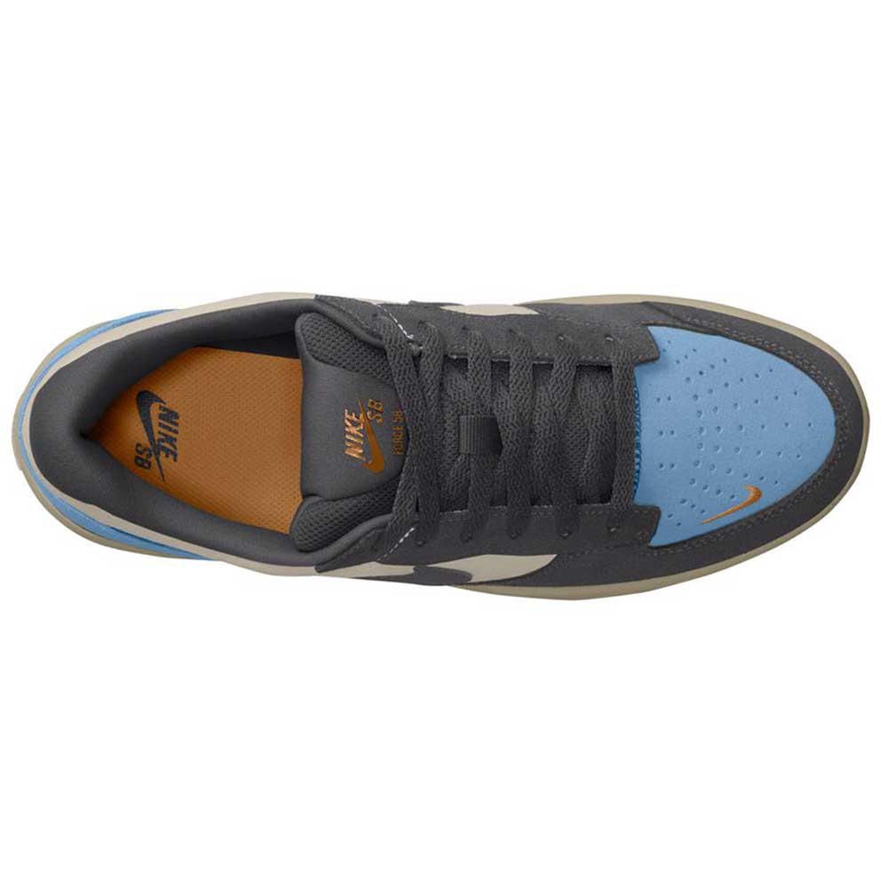Top view of the DV5477-102 Light Orewood Brown Medium Aah Force 58 Nike SB suede skateboarding shoes, featuring a blue toe box, dark gray sides and laces, white Swoosh, brown lining and insole, durable cupsole, and Nike SB logo on tongue and insole.