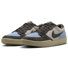 The DV5477102 Light Orewood Brown Medium Aah Force 58 Nike SB Suede Skateboarding Shoes feature light blue suede toes, dark brown overlays, gray panels, black Swooshes, and a gum sole—ideal for skateboarding.