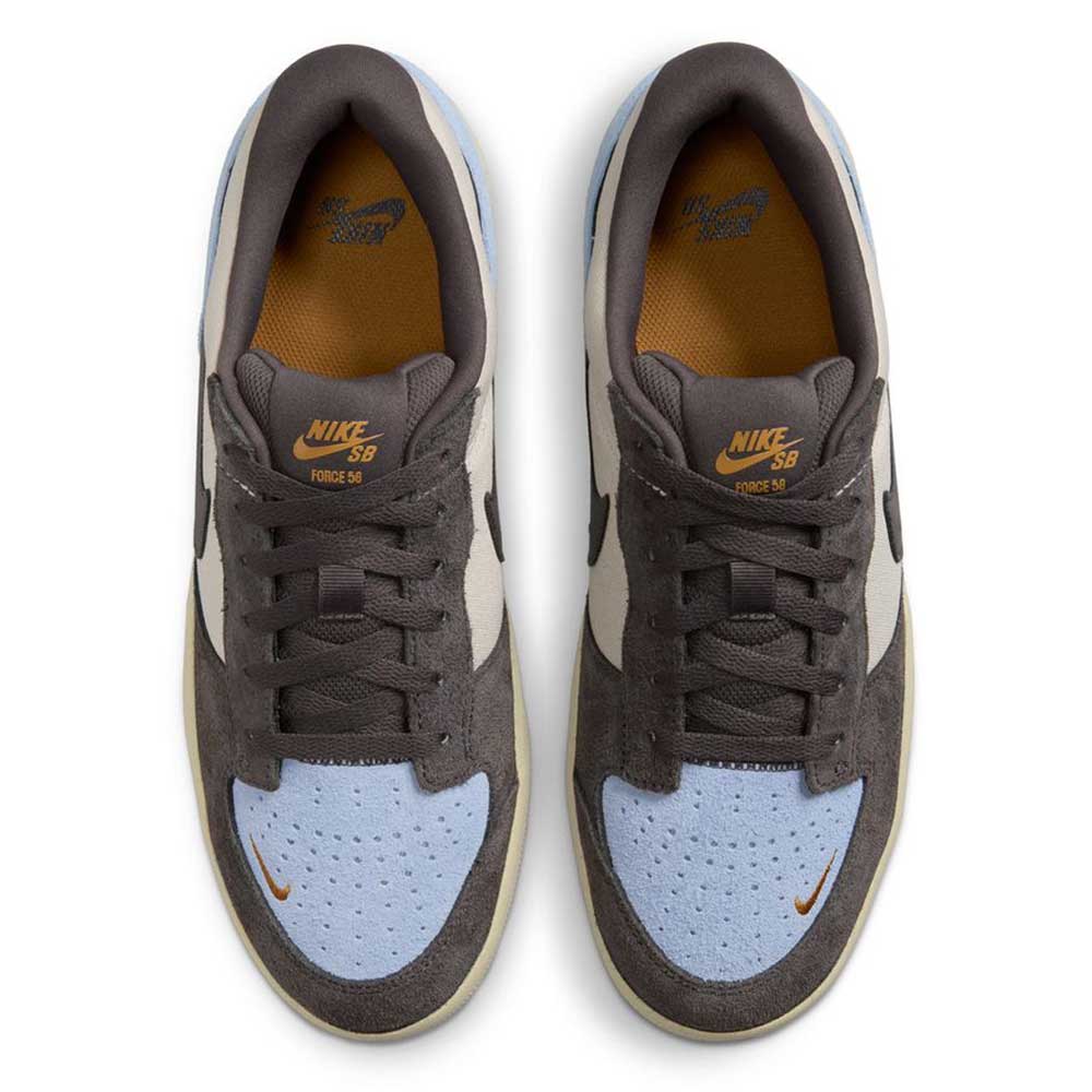 Top view of DV5477-102 Light Orewood Brown Medium Aah Force 58 Nike SB suede skateboarding shoes featuring light blue toe boxes, dark gray overlays, black Swooshes, brown tongues/linings, white side panels, and gum outsoles.
