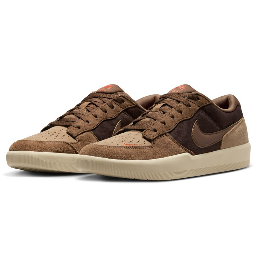 The DV5477201 Baroque Brown Mosswood Brown Force 58 Nike SB suede skateboarding shoes feature brown and beige suede and mesh panels, brown laces, a beige rubber cupsole, and classic Nike swoosh basketball-inspired styling.