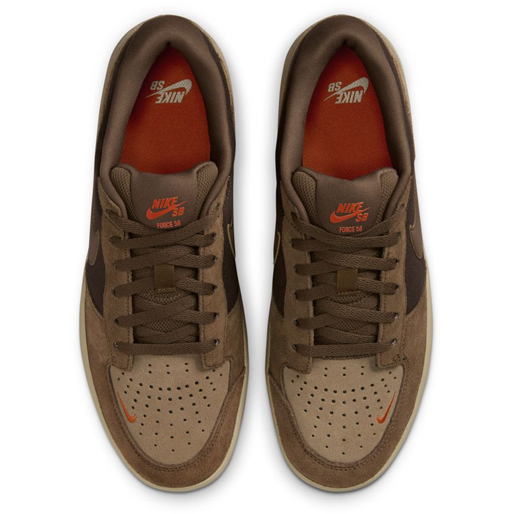Top view of DV5477201 Baroque Brown Mosswood Brown Force 58 Nike SB suede skateboarding shoes featuring dark brown side panels, brown laces, orange Nike SB insole logos, and an orange Swoosh on the left toe.