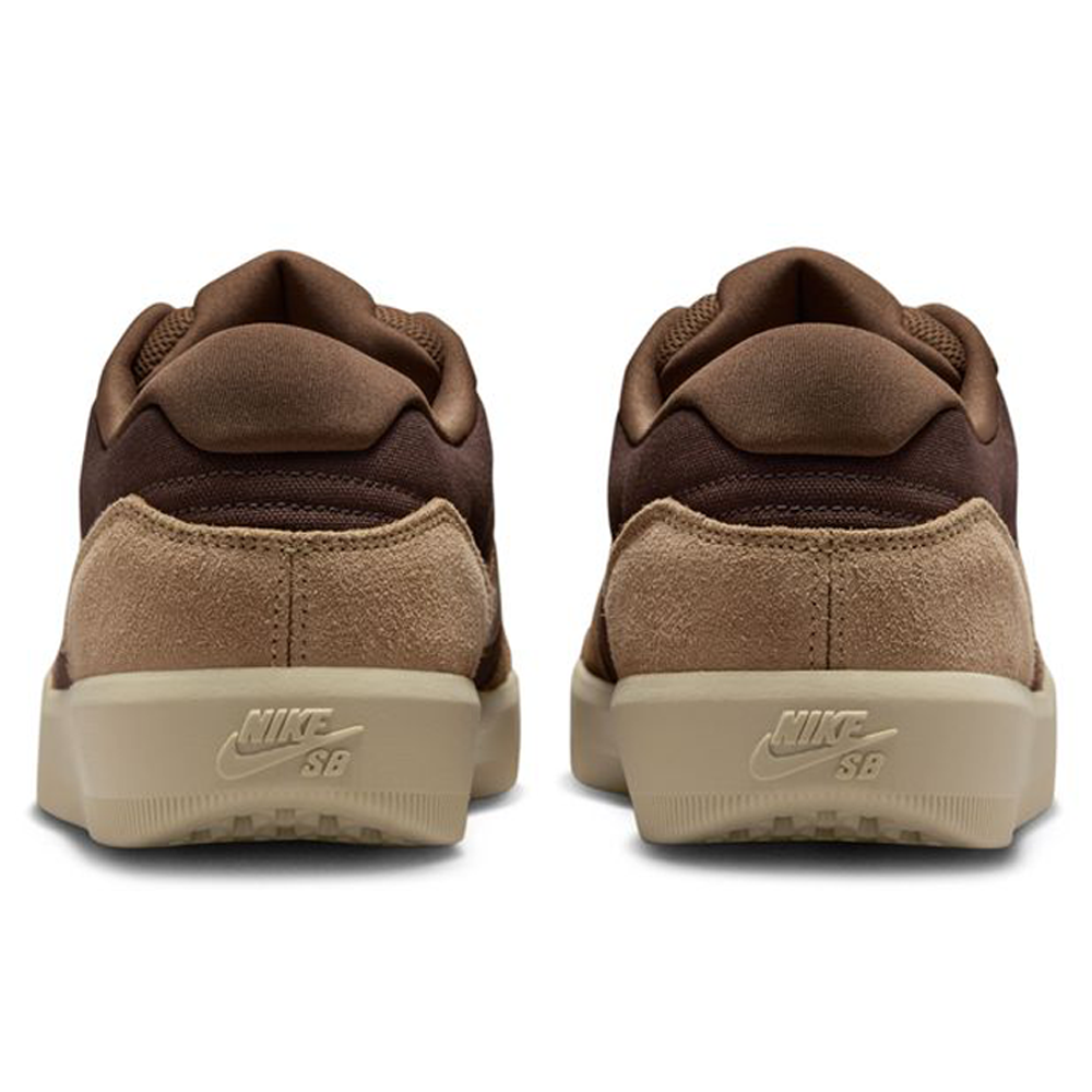 A rear view of DV5477201 Baroque Brown Mosswood Brown Force 58 Nike SB Suede Skateboarding Shoes shows tan suede heel panels, beige rubber cupsoles, and an embossed Nike SB logo—blending skate style with basketball DNA.