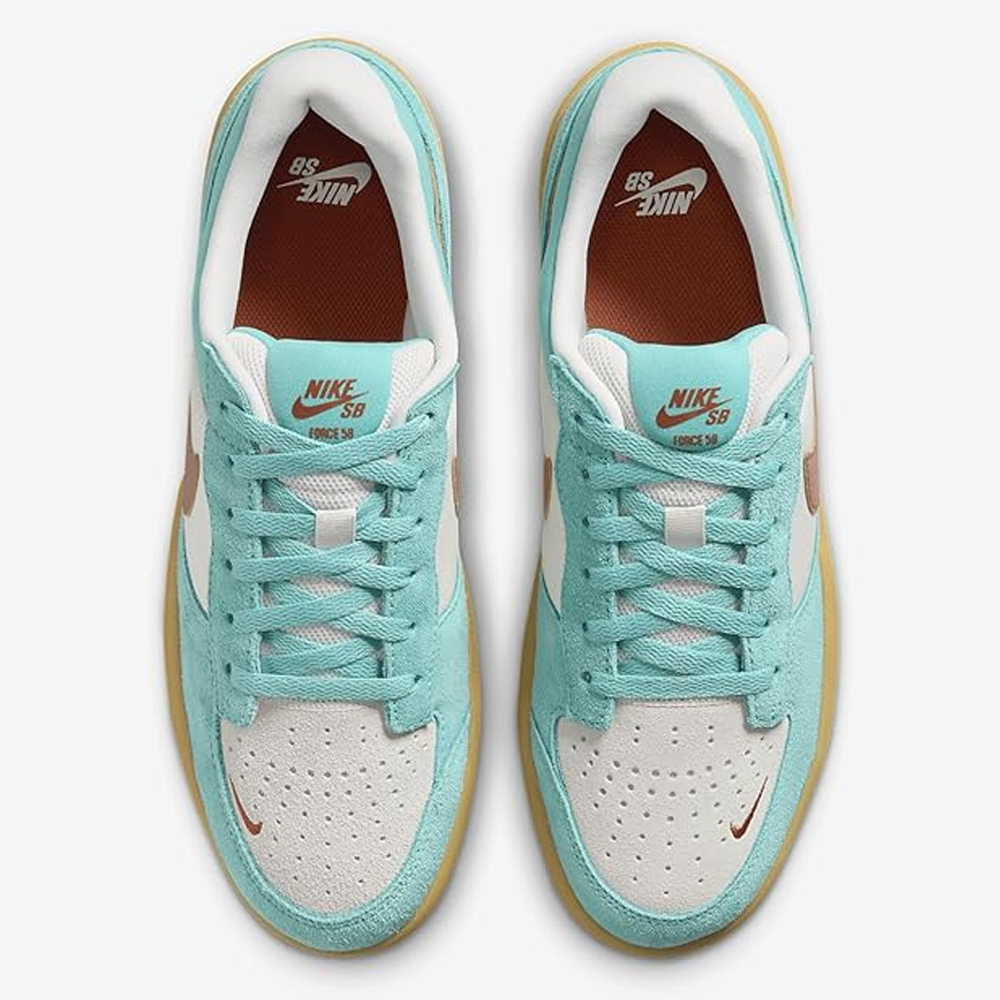 Top view of Green Frost Dark Russet Force 58 Nike SB suede shoes, featuring teal blue suede overlays, white mesh panels, brown soles, and brown Nike logos on the insoles and sides. Teal laces finish these premium skate sneakers.