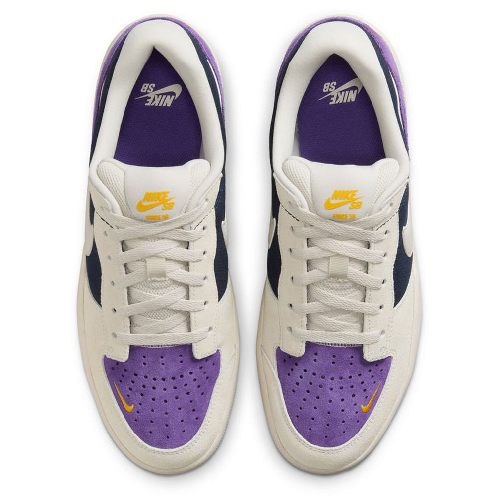 Top view of the DV5477-403 Obsidian Light Orewood Brn Force 58 Nike SB suede skateboarding shoes with white laces, purple toe boxes, yellow logos, black side panels, and purple tongues featuring yellow Nike SB branding.