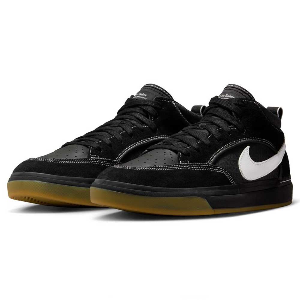 A pair of DX4361005 Black Gum Leo Baker React Nike SB suede leather skateboarding shoes with white swooshes, black laces, and gum soles, shown on a white background.