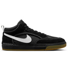 The DX4361005 Black Gum Leo Baker React Nike SB features a black suede and leather mid-top design, white Swoosh, black laces, gum rubber sole, and is built for durable skateboarding performance on and off the board.