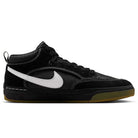 The DX4361005 Black Gum Leo Baker React Nike SB features black suede leather, a white swoosh, black laces, and a gum sole. Designed for skateboarding, these mid-top shoes are inspired by Leo Baker and shown in side profile on a white background.