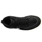 Top view of the DX4361005 Black Gum Leo Baker React Nike SB suede leather skateboarding shoe in black, featuring a white side accent, black laces, perforated toe box, and a textured black sole.