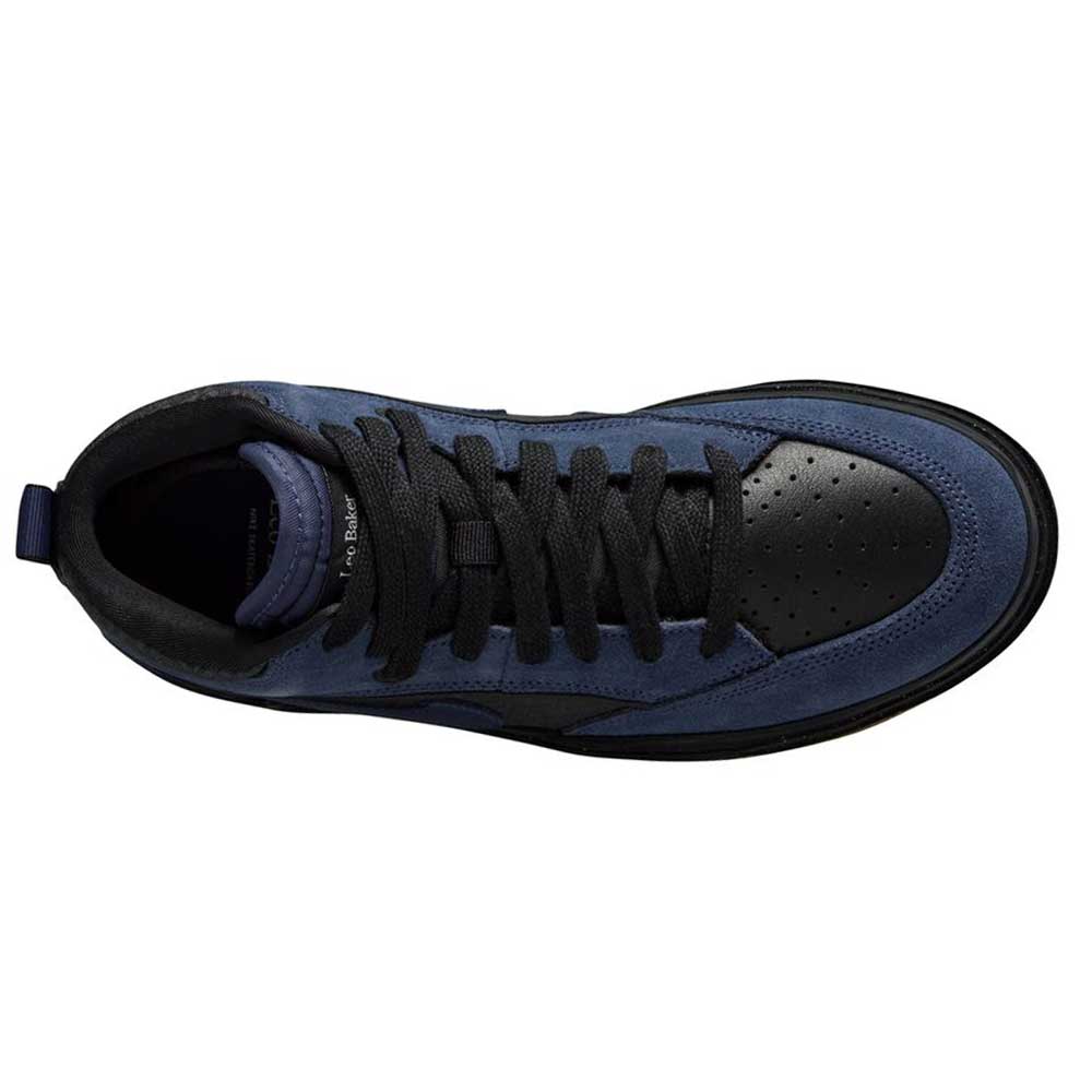 Top view of the DX4361401 Navy Black Anthracite Leo Baker React Nike SB skateboarding shoe with black laces, black tongue, and toe cap. Made from premium suede leather with a dark sole.