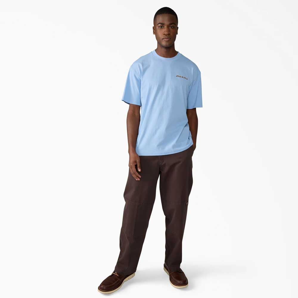 A man stands against a white background, wearing a light blue t-shirt and Dickies Skateboarding Dark Brown Worn In Double Knee Pant A89TC0DB with brown shoes. His left hand is in his pocket and he looks at the camera.