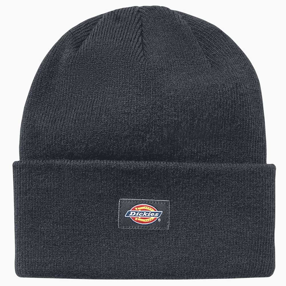 A dark navy acrylic tall cuff beanie with a folded brim, featuring a small rectangular Dickies logo patch on the front center for a classic, warm look. Product: Dark Navy Tall Cuff Beanie Dickies Skateboarding WHC200 Navy DN.