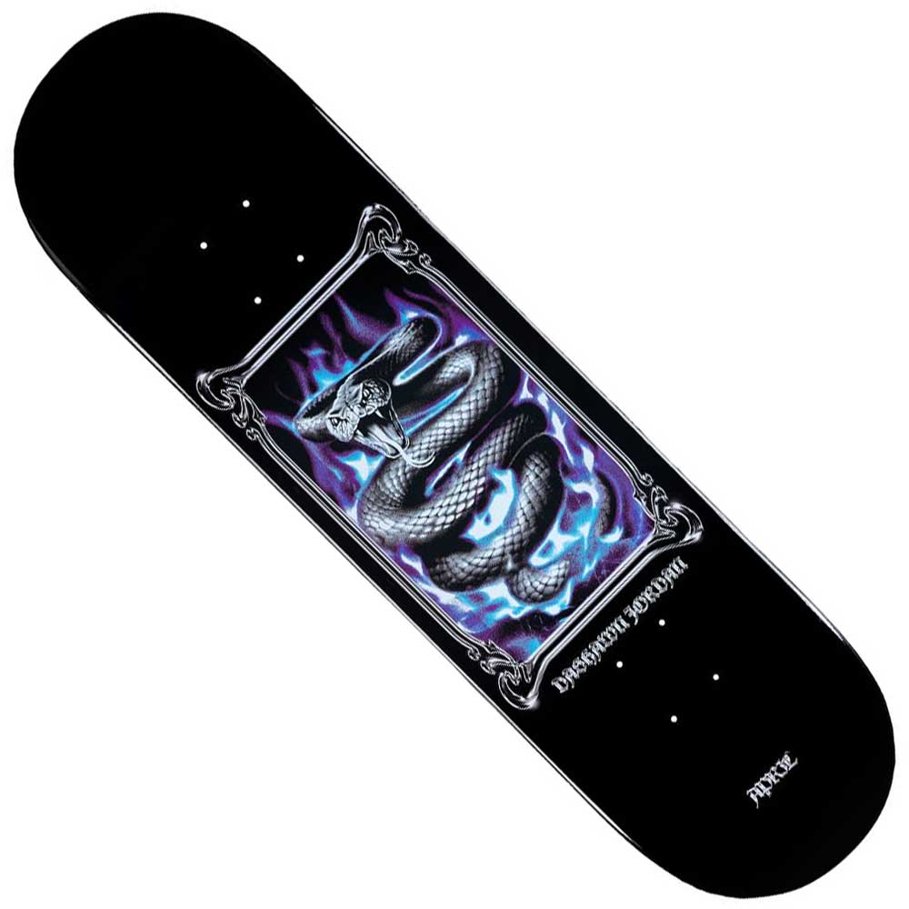 The Dashawn Jordan 8.25 Diamond Back Black Blue April Skateboards Deck features a coiled snake with blue flames and ornate white borders. Its popsicle shape is ideal for street and park skating. "DARKSMITH SORPION" is below the artwork.