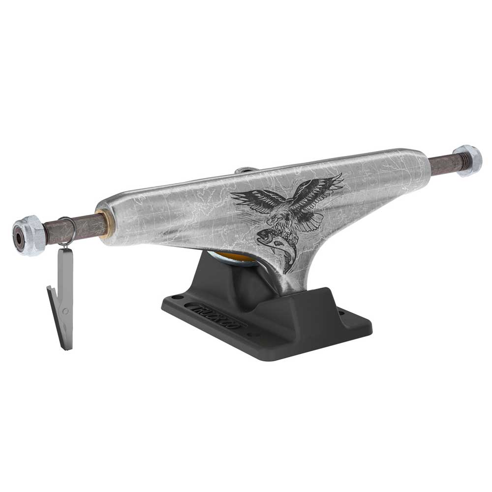 A set of two silver David Gravette Hollow Standard INDY 144 Stage 11 skateboard trucks, each featuring a black eagle graphic on the hanger and a black baseplate, isolated on a white background—these are Lightweight Independent trucks from the Gravette Pro Stage 11 Hollow series.