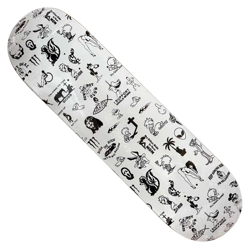 The Decal Hell Paradise Deck 8.5x32.1 Skateboard features a white BBS wood deck made in Mexico, covered with scattered black cartoon-style doodles, characters, symbols, and random objects.