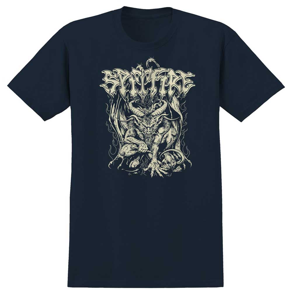 The Demon Black Multi Discharge Print Tee by Spitfire Wheels showcases a bold graphic of a horned, winged demon atop skulls with spiky lettering, finished with durable discharge print for standout style.