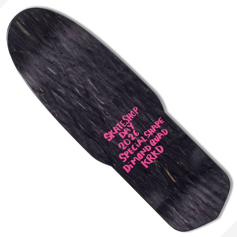 The Diamond Quad Beemer 10.75 Krooked Deck Skateshop Day is a limited black skateboard deck with a unique shape and pink handwritten “SKATESHOP DAY 2024 SPECIAL SHAPE DI MONOQUAD KRKD” graphic, available from Southside Skatepark.