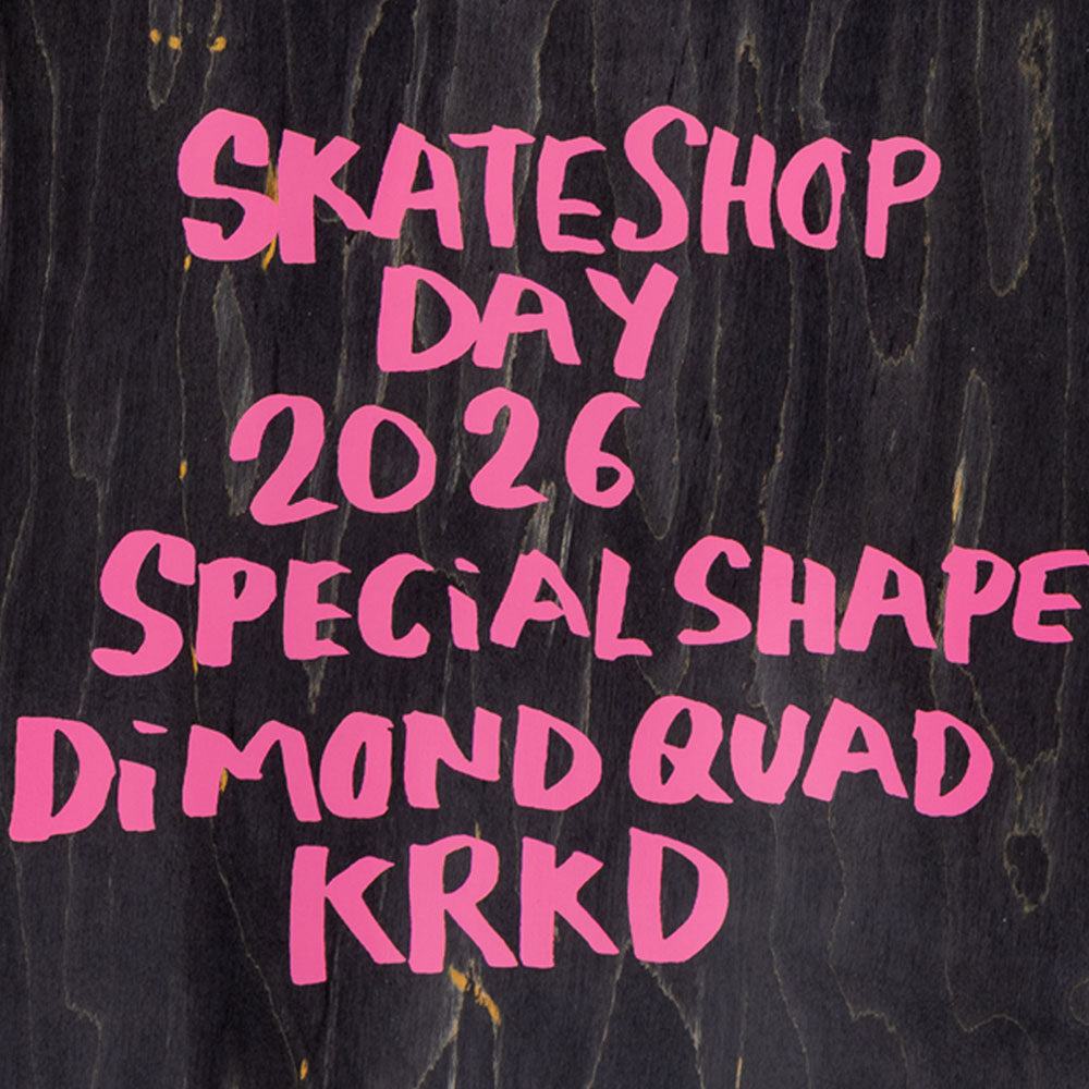 Pink text on a dark wooden background reads: Diamond Quad Beemer 10.75 Krooked Deck Skateshop Day—celebrating limited skateboards at Southside Skatepark.
