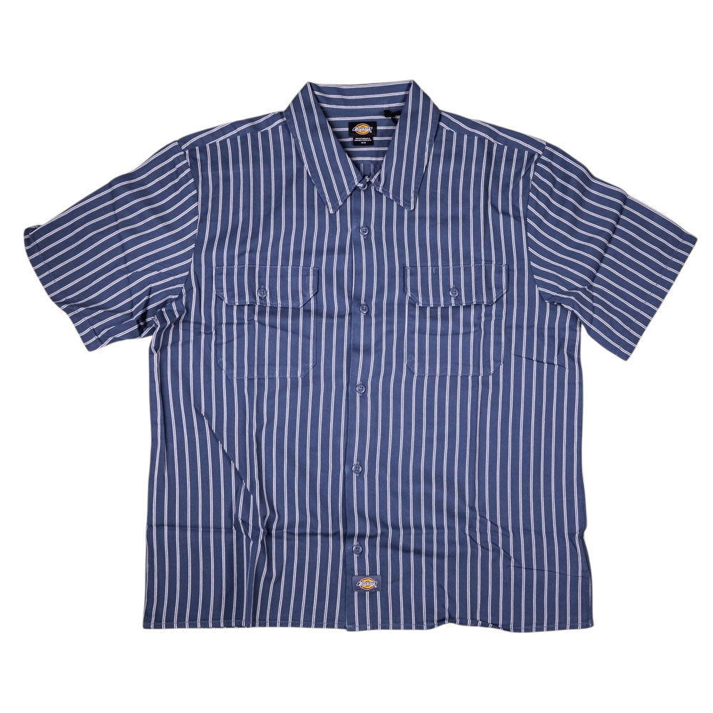 The SP33D Black Blue Striped KD3674 Adidas Skateboarding shirt features short sleeves, a button-up front, a collar, vertical white stripes on blue, and two flap chest pockets.