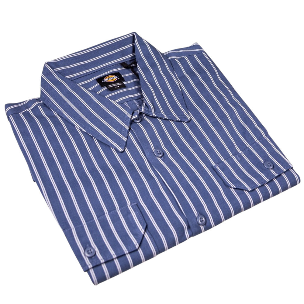 The SP33D Black Blue Striped KD3674 Adidas Skateboarding shirt features blue and black vertical stripes and a crisp collar, displayed neatly against a white background.