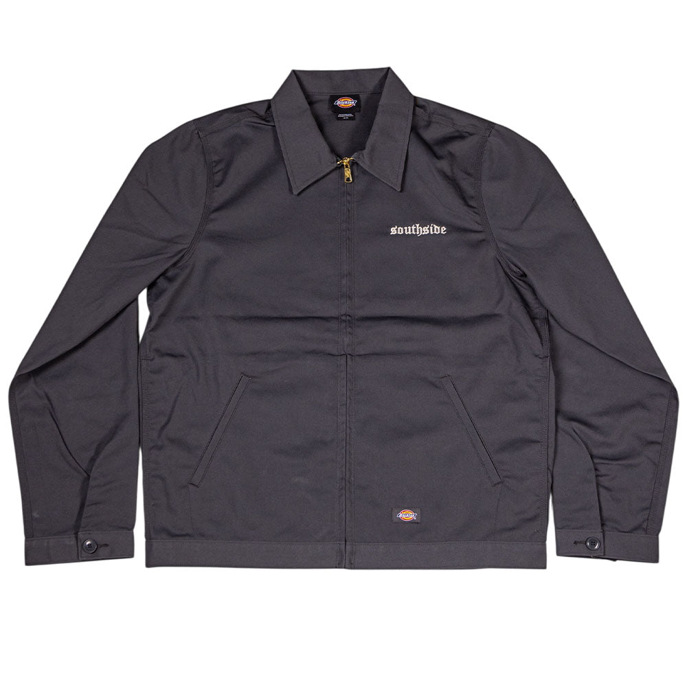 The Charcoal Silver Embroidered Old English Black Southside Dickies Unlined Eisenhower Jacket features a collar, front pockets, "southside" embroidery on the left chest, and a small brand patch on the hem. Laid flat on a white background.
