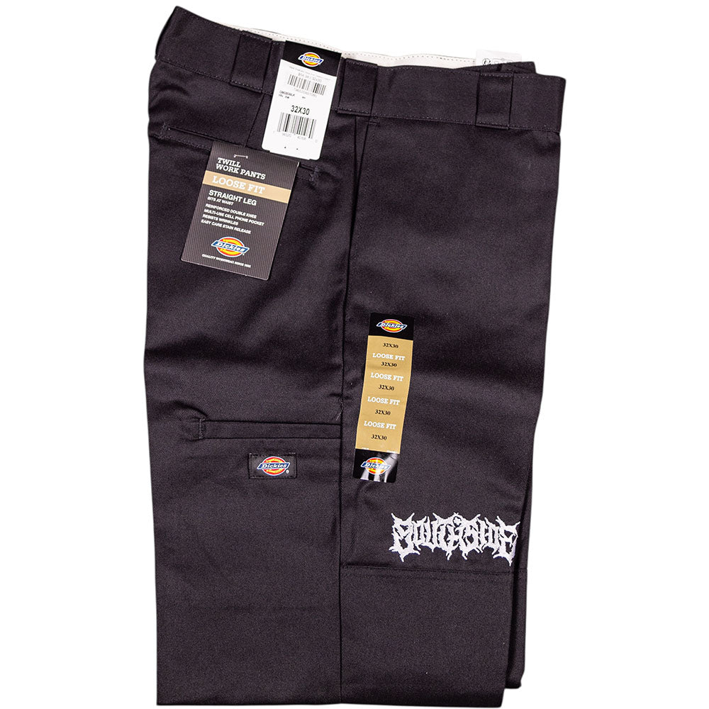 A pair of folded Black Southside Texas Icon Dickies Loose Fit Double Knee Pant 85283OG with tags, featuring a relaxed fit and white embroidery graphic on the left thigh.