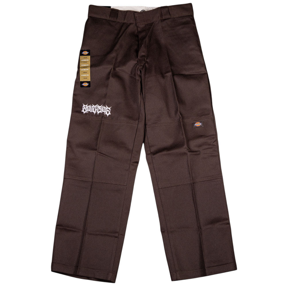 The Dark Brown Southside Texas Icon Dickies Loose Fit Double Knee Pant 85283DB features reinforced knees, white embroidery on the left thigh, product tags by the waistband, and a Dickies logo on the right leg.
