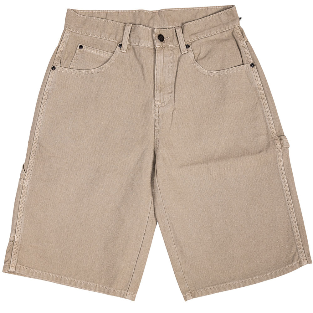 Dickies Skateboarding Canvas Carpenter Shorts Loose Fit A89G5K91 in Desert Sand, featuring belt loops, multiple pockets, and reinforced stitching, crafted from 100% cotton and displayed flat on a white background.