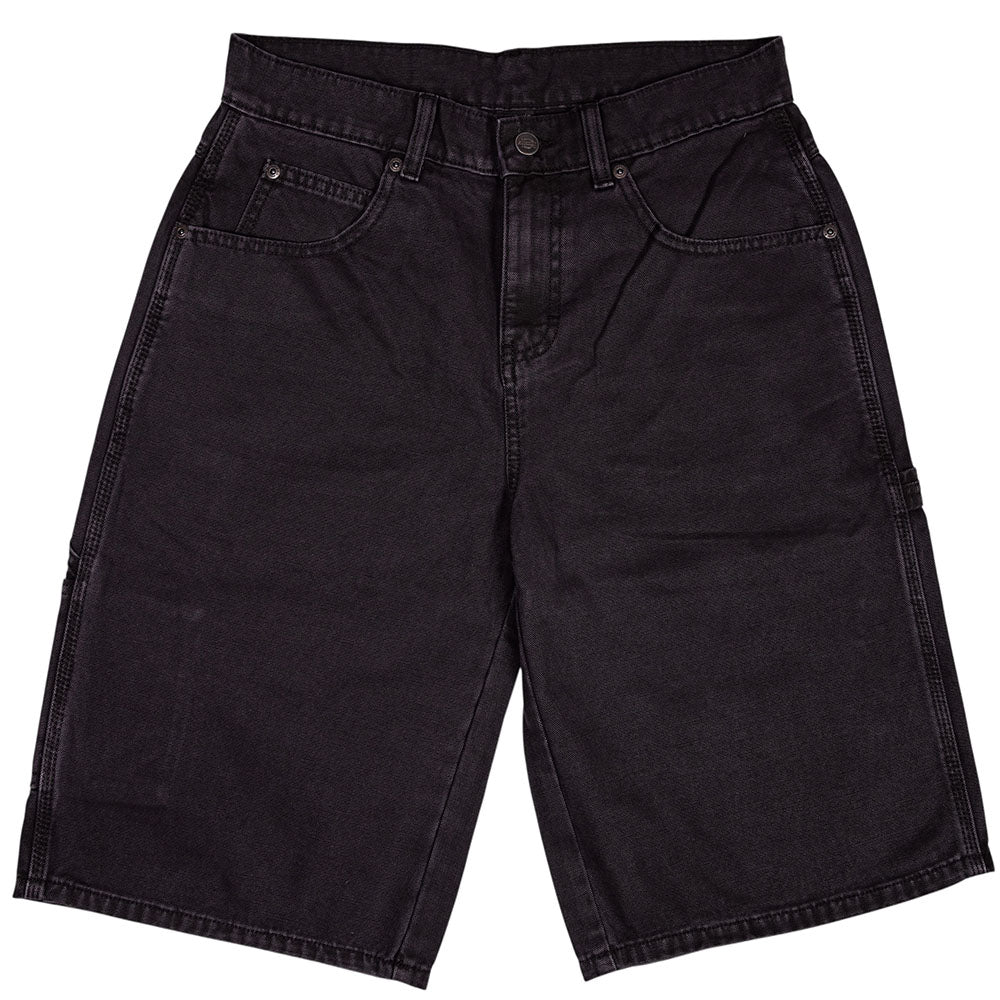 Dickies Skateboarding Canvas Carpenter Shorts Loose Fit A89G5BLK in black, featuring durable cotton fabric, front and back pockets, belt loops, and button-zipper closure, displayed flat on a white background.
