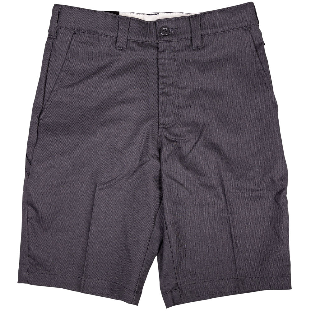 The Dickies Skateboarding Flex Shorts Modern Fit A58ZG0CH in charcoal are men's work shorts featuring a button and zipper closure, side pockets, and belt loops, shown laid flat on a white background.