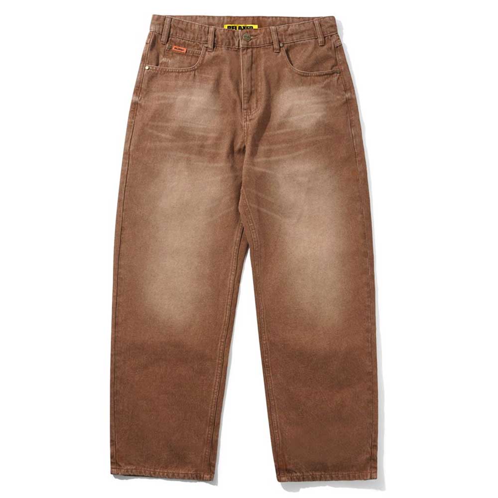The Distressed Brown Relaxed Denim Jeans by Butter Goods feature a straight-leg fit, faded thigh effect, front pockets, belt loops, an orange label above the right pocket, and are made from 100% cotton.