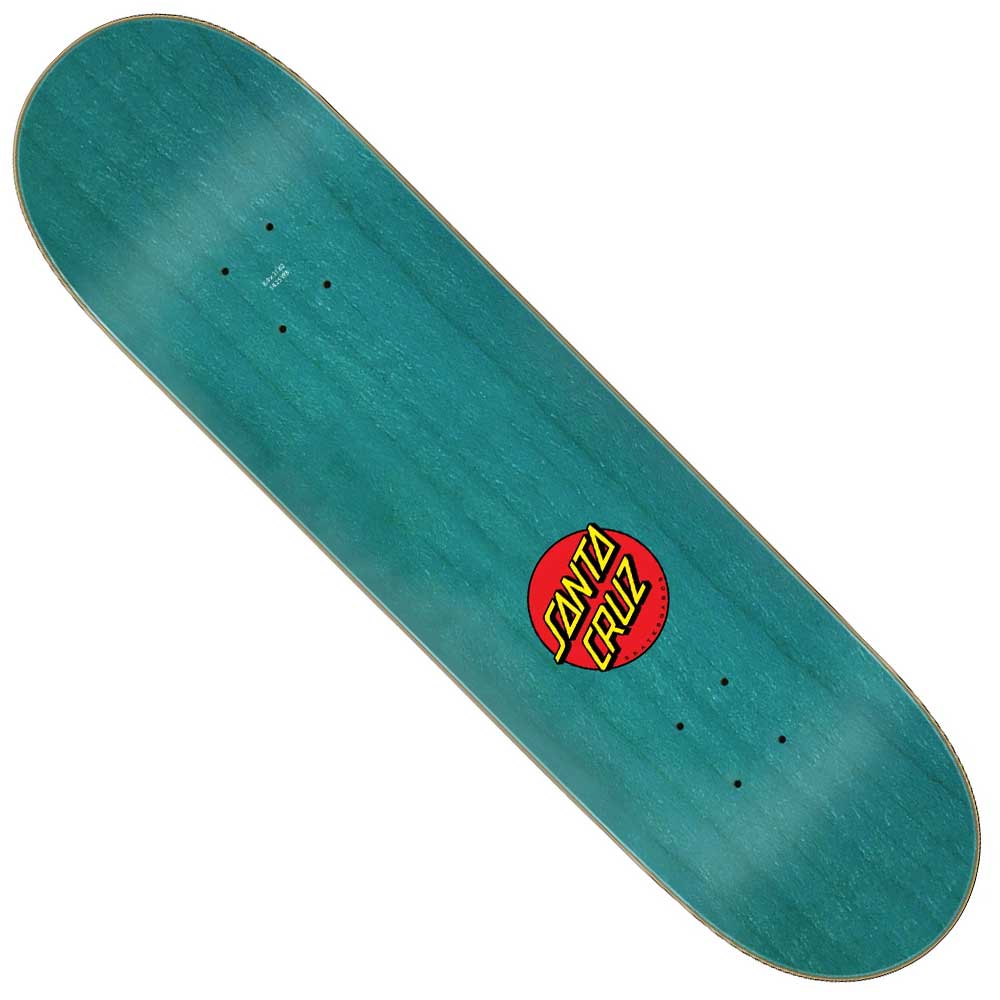 A teal Dot Guy 8.00in x 30.50in Santa Cruz Skateboards deck featuring a bold red and yellow Santa Cruz Skateboards logo in the center. This deck does not come with grip tape, trucks, or wheels attached.