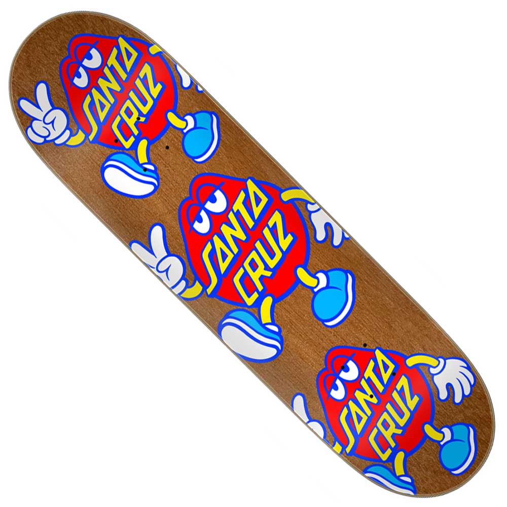 The Dot Guy 8.375in x 31.83in Santa Cruz Deck features a durable, 7-ply North American Maple construction and showcases three red cartoon characters wearing blue shoes and gloves, holding a bold yellow and blue Santa Cruz Skateboards logo on their bodies while making peace signs with their hands.