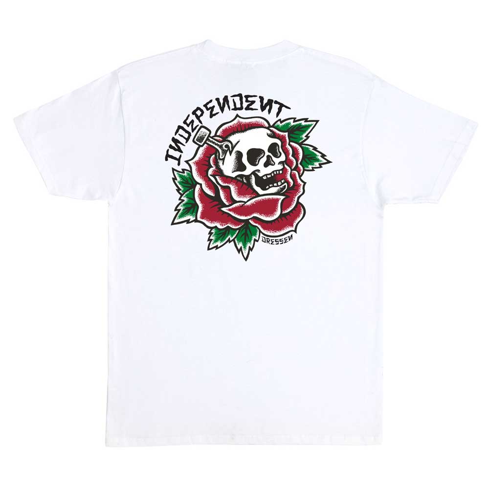 The Dressen Skull Rose S/S Heavyweight T-Shirt in white features a skull inside a red rose with green leaves on the back, plus "INDEPENDENT" in black text above—ideal for fans of Independent Trucks.
