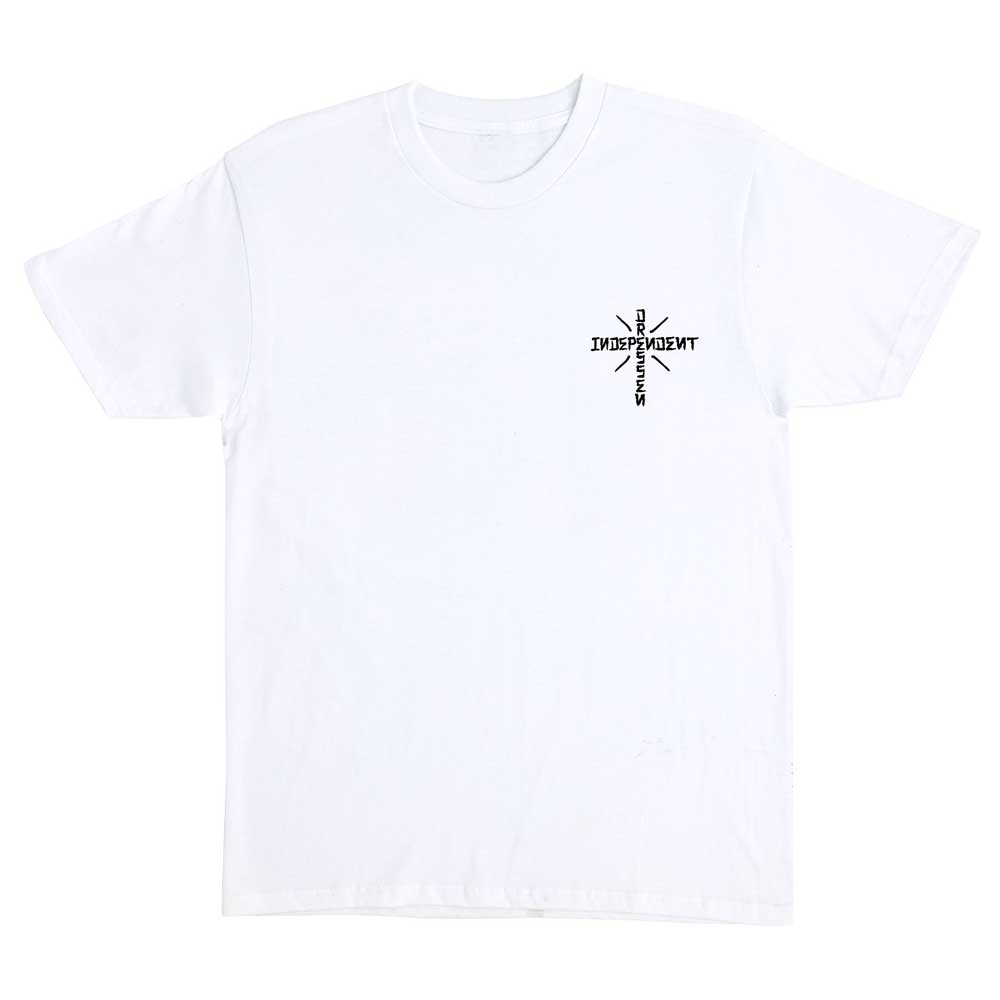 The Dressen Skull Rose S/S Heavyweight T-Shirt in white by Independent features a small black "INDEPENDENT" cross graphic on the left chest; this men's skateboard apparel is simple and stylish.
