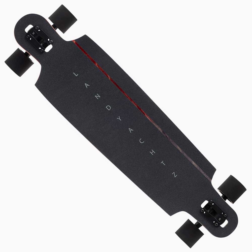 The Drop Cat Python 38 Landyachtz Complete Skateboard is a black drop-through longboard featuring a red center line and white geometric lettering on the grip tape, displayed against a white background.