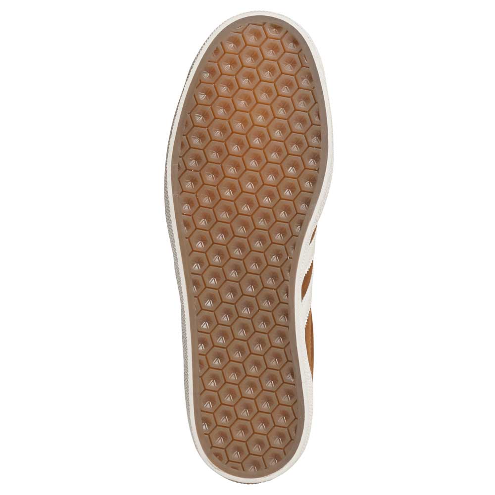 The image shows the sole of the Brown White Gold Gazelle ADV HQ7547 Adidas Skateboarding Suede Shoes, featuring a light brown honeycomb-patterned tread with a white border and a partially visible upper along the sides.